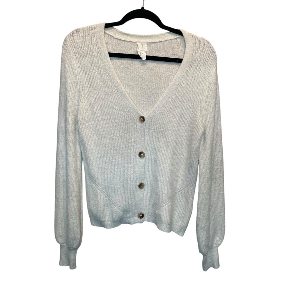 Joie Button Front V-Neck Cardigan Sweater Puff Sleeves Creamy White Small EUC